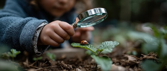 Curious child exploring nature with magnifying glass, observing ladybug on leaf in garden Concept of childhood discovery, learning, and environmental awareness