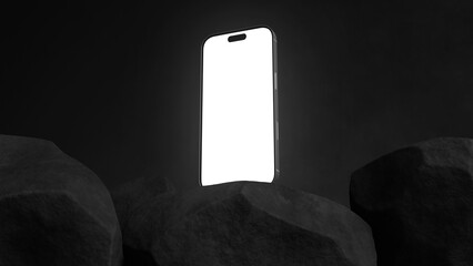 3d rendered smartphone mockup floating above dark geometric rocks with blank white screen