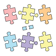 Fototapeta premium Six colorful puzzle pieces arranged in two rows with two small connecting pieces in the center symbolizing teamwork and problem solving