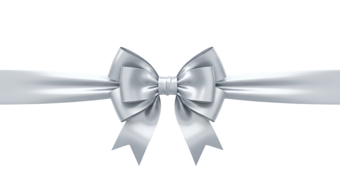 Shiny silver gift bow with a horizontal ribbon for decoration. Isolated on transparent background, png