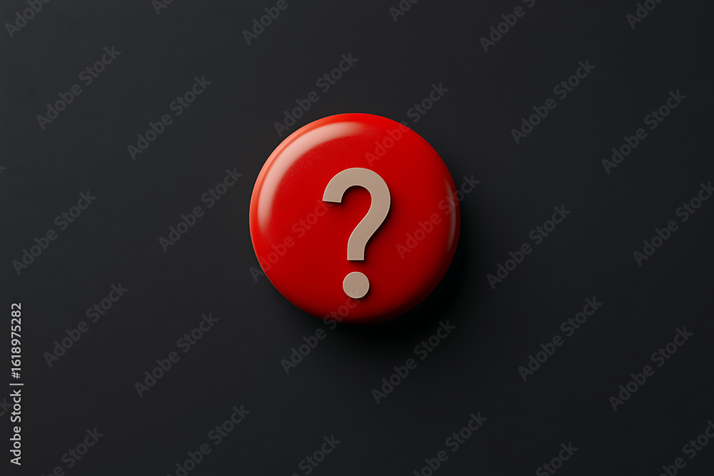Poster red circular icon featuring a question mark, symbolizing uncertainty, inquiry, and the search for an