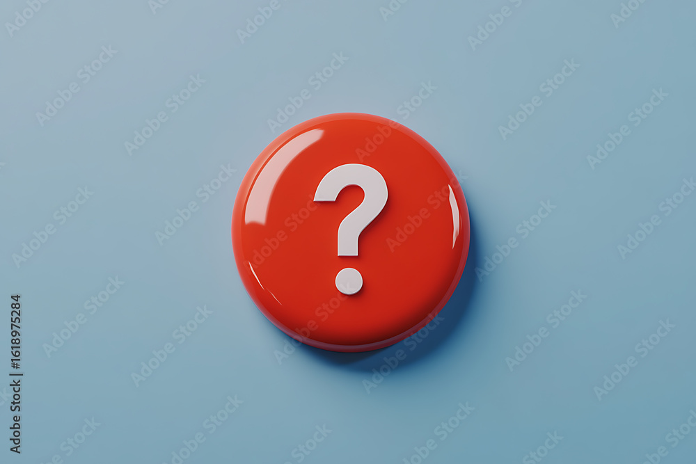 Poster question mark button: bright red button with a prominent white question mark against a light blue ba