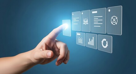 Businessman interacting with a futuristic user interface for data management and business process automation. Digital transformation concept.