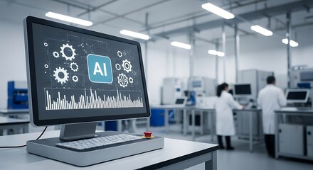 Computer screen showing an Artificial Intelligence interface with data analytics in a futuristic research and development laboratory.