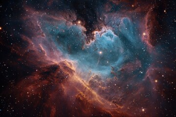 Fototapeta premium Beautiful deep space nebulosity with stars in Cassiopeia showing cosmic gas clouds and stellar formation regions, with deep blues and reds on black background