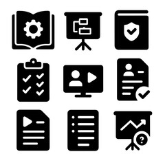 Training and Guidance Icons. Solid style icons of training and documentation guidance: documentation handbook, how-to chart,