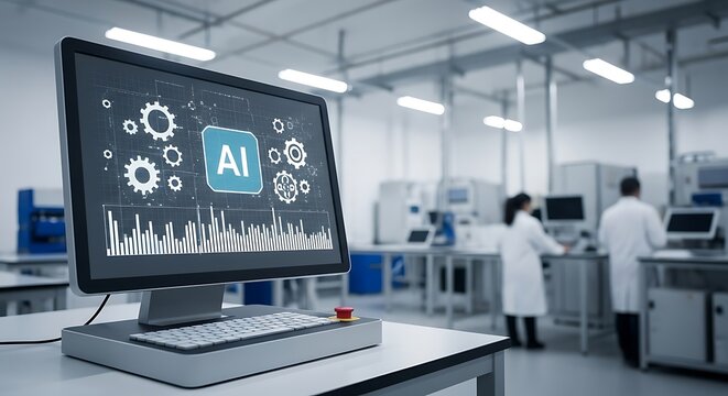 Computer screen showing an Artificial Intelligence interface with data analytics in a futuristic research and development laboratory.
