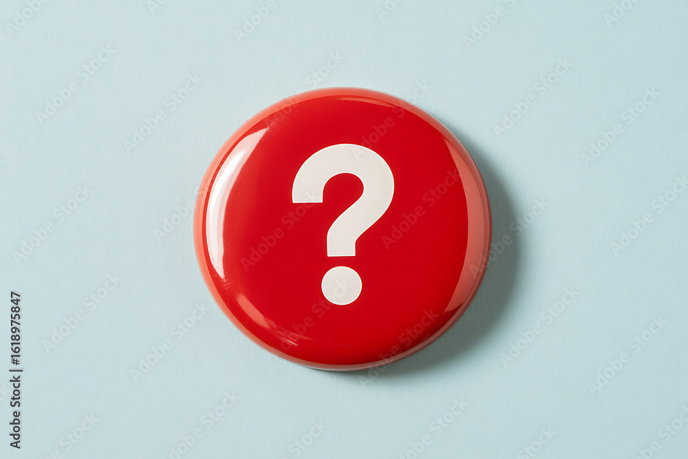 Poster red round badge with a white question mark on a light blue background. symbol of inquiry, uncertaint