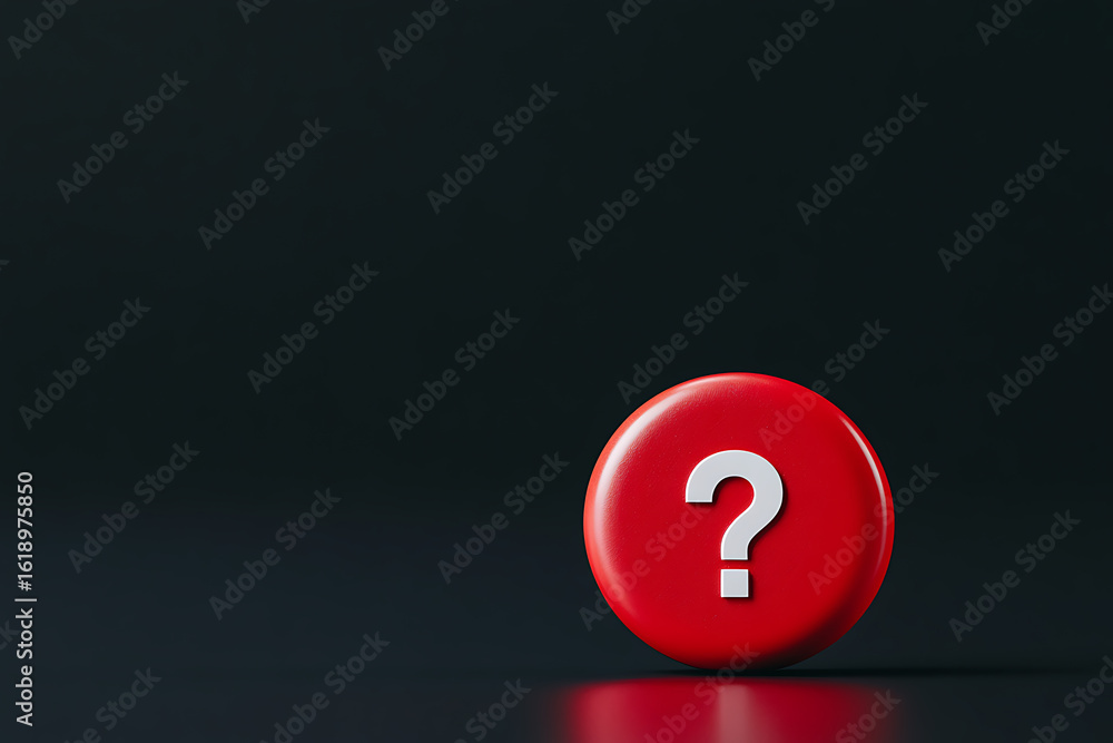 Poster question mark button. bright red color question button or pin with a white question mark on a dark b