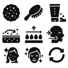 Exfoliation Icons Collection. Solid style icons of exfoliation and renewal: scrub texture icon, exfoliating brush, microbead