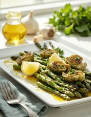 Grilled asparagus, artichokes drizzled with olive oil, seasoned with fresh herbs, lemon wedges. This dish showcases benefits of balanced, healthy, delicious diet, perfect for dinner or lunch.