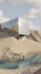 A cutting-edge cubic mansion is seamlessly embedded in desert dunes.