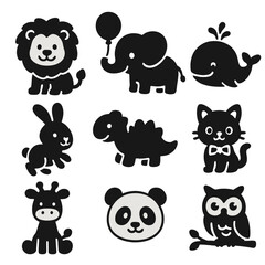 Playful Animal Icons. Solid style icons of playful animals and characters: cartoon lion, elephant with balloon, smiling whale,