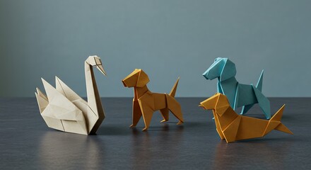 Fototapeta premium Elegant Origami Animals Swan and Dogs Paper Art