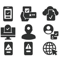 Secure Digital Voting Icons. Solid style icons of online and digital voting: secure vote app, two-factor authentication ballot,