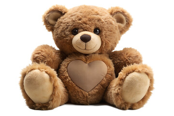 Cute Brown Teddy Bear with Heart on Chest Sitting Upright on transparent background fluffy