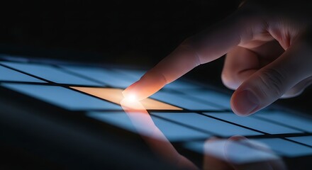 Human finger pressing a luminous icon on a digital grid display, symbolizing innovation, data selection, and future technology.