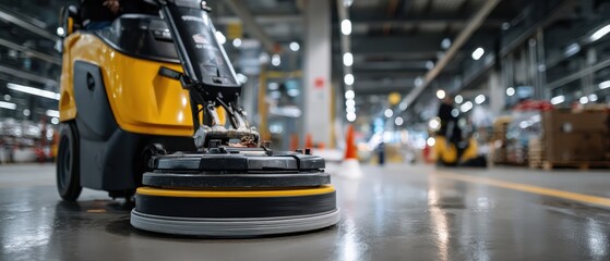 Fototapeta premium Industrial floor cleaning machine polishing concrete surface in warehouse Concept of hygiene, maintenance, and professional cleaning service