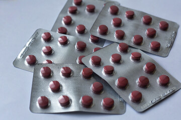 Flat lay with different pills in blister packaging. Top view medical texture. Drugs and pills...