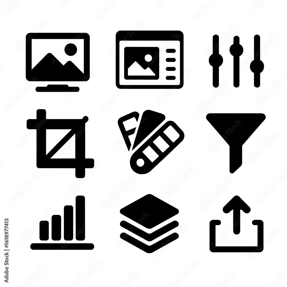 Poster post-processing tool icons. solid, filled icon set of post-processing tools: computer, photo editor,