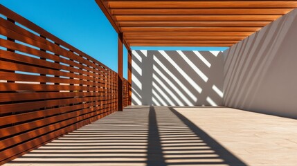 Wooden Pergola Shadows Modern Architecture with Clear Blue Sky, deck , terrace