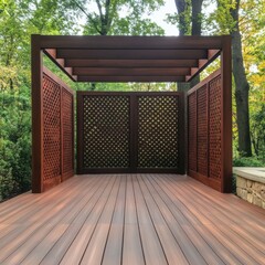 Wooden Pergola with Lattice Panels on Deck in Forest Setting, Outdoor Living , Landscape design