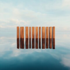 Wooden Planks Reflected on Water, Sky Backdrop, Abstract , Stilllife