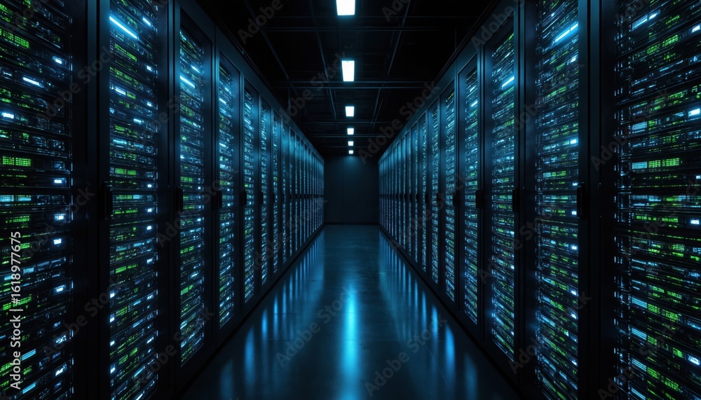 Poster server room interior with rows of humming servers in dimly lit data center. blinking lights create d