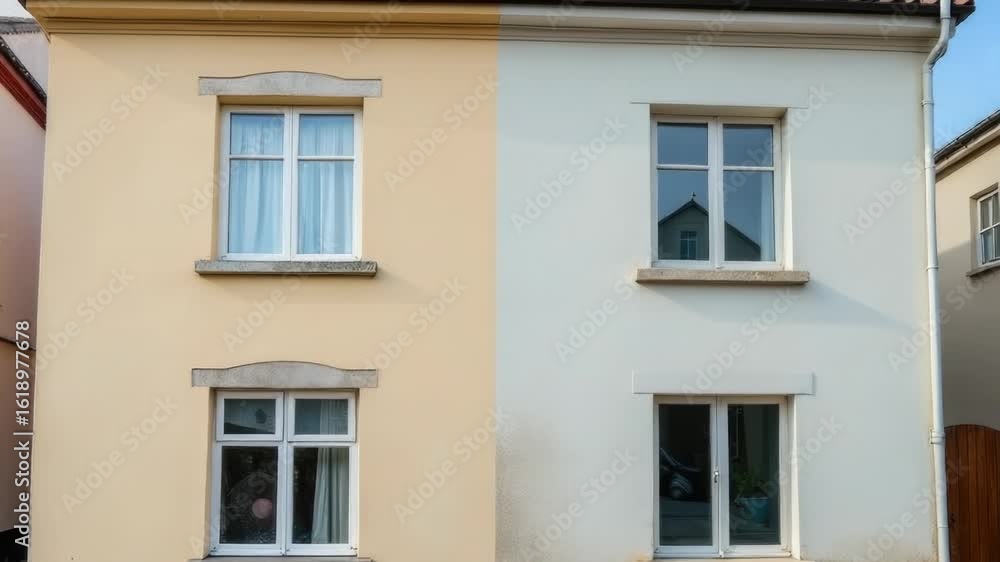 Poster a building with two windows and a fire hydrant in front, suitable for urban or modern scene contexts