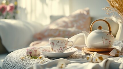 Serene Tea Time Setting with Floral Teapot and Cozy Sofa Backdrop