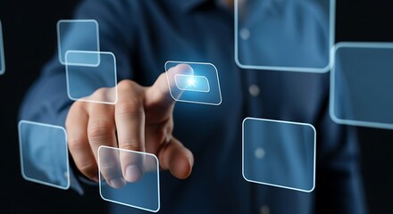 Innovative digital interface businessman's finger touches a glowing button on a futuristic touch screen