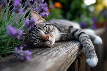 Naklejka na ściany i meble A playful cat lounges peacefully on a wooden surface surrounded by beautiful blooming lavender flowers