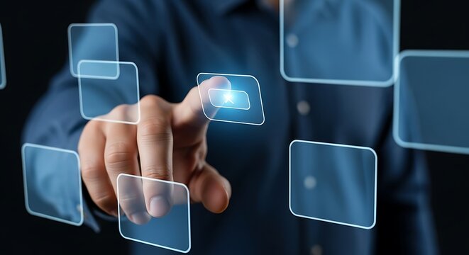 Innovative digital interface businessman's finger touches a glowing button on a futuristic touch screen