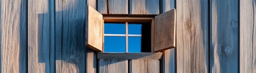 Wooden Window with Open Shutters and Blue Sky, architecture, texture