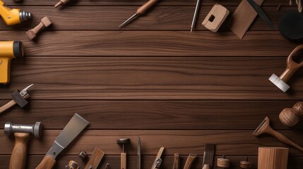 Woodworking Tools Flat Lay on Wooden Surface, Crafts , Workshop