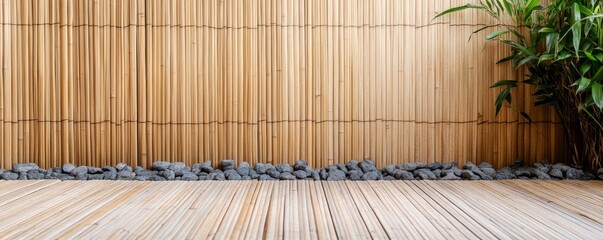 Zen Garden Bamboo Wall, Rock Border, Wooden Floor and Green Plant, Asian , Background