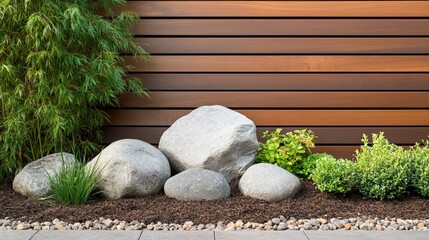 Zen Garden Wood Fence, Stone Boulders and Greenery, Landscape , Nature