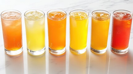 Six Colorful Refreshing Drinks in Clear Glasses on Marble Surface