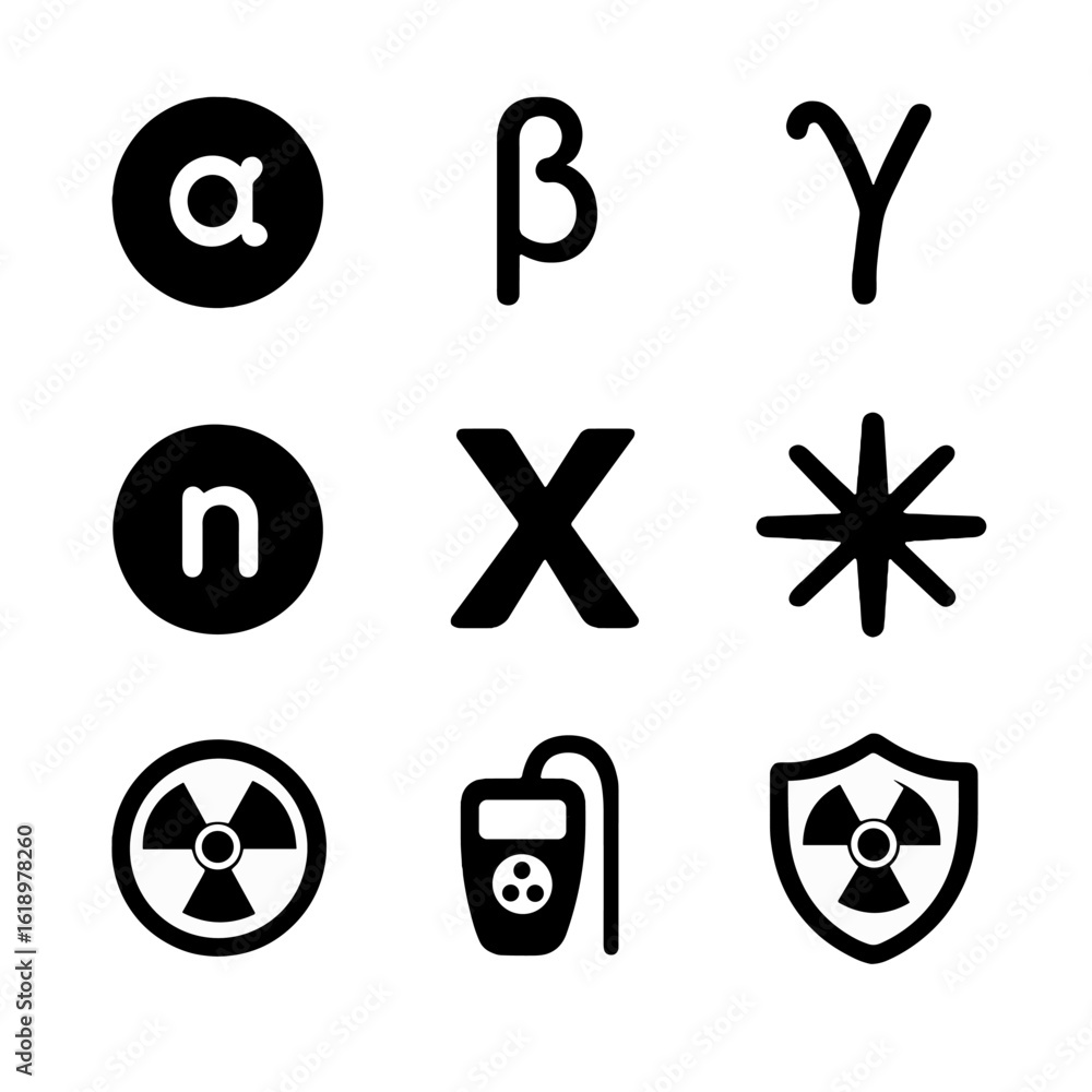 Poster radiation icon set. solid, filled icon set of radiation types: alpha particle, beta particle, gamma 