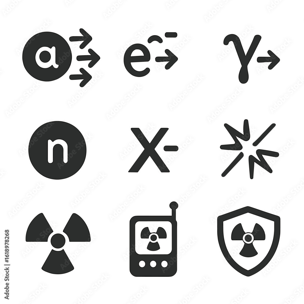 Poster radiation icon set. solid, filled icon set of radiation types: alpha particle, beta particle, gamma 