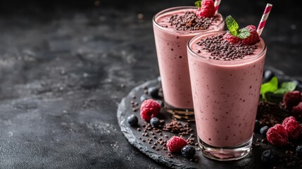 Smoothie with Raspberries and Blueberries on Dark Background