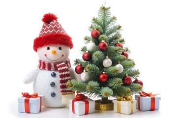 Festive Snowman, Decorated Tree, and Christmas Gifts