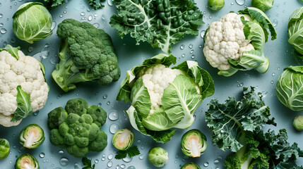 Fresh Green Vegetables with Water Drops on Blue Background