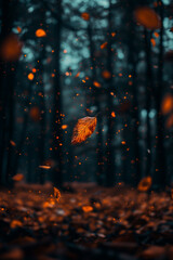 Falling Autumn Leaf in Dark Forest with Glowing Particles