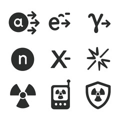 Radiation Icon Set. Solid, filled icon set of radiation types: alpha particle, beta particle, gamma ray, neutron radiation, x-ray,