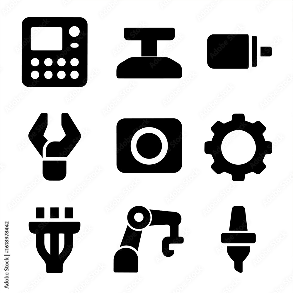 Poster robot components icons. solid, filled icon set of manufacturing robot components: control panel, rob