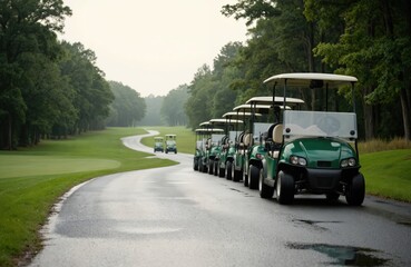 Row of green golf carts parked on wet road in rich golf course. Early morning peaceful ambience, green grass, trees line the path. Transportation equipment for leisure activity and sport.