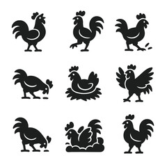Rooster Behavior Icons. Solid, filled icon set of rooster behaviors: crowing, strutting, scratching, foraging, nesting, mating