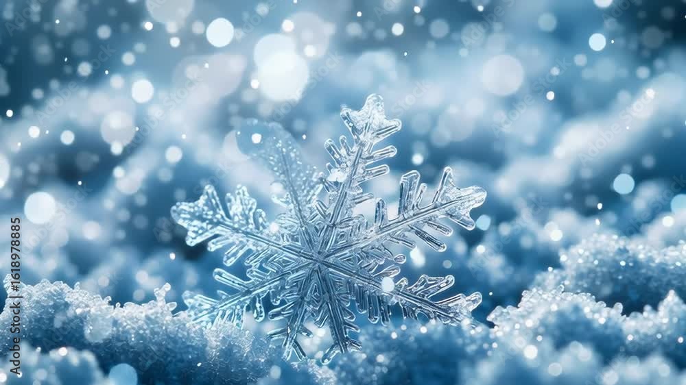 Aufkleber delicate snowflake resting on soft snow with shimmering background in winter wonderland