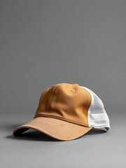 blank brown and white trucker hat mockup isolated on gray background
